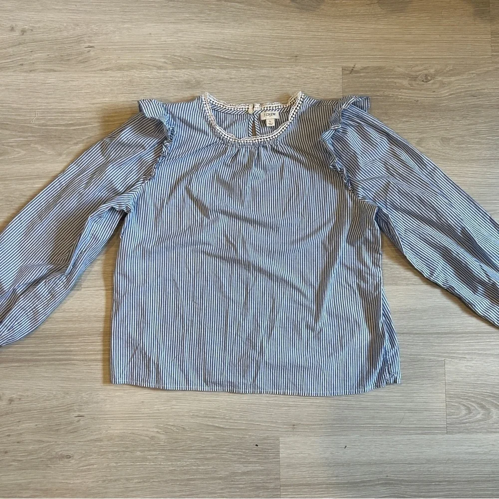 J. Crew Women's Blue and White Long Sleeve Cotton Top - Large